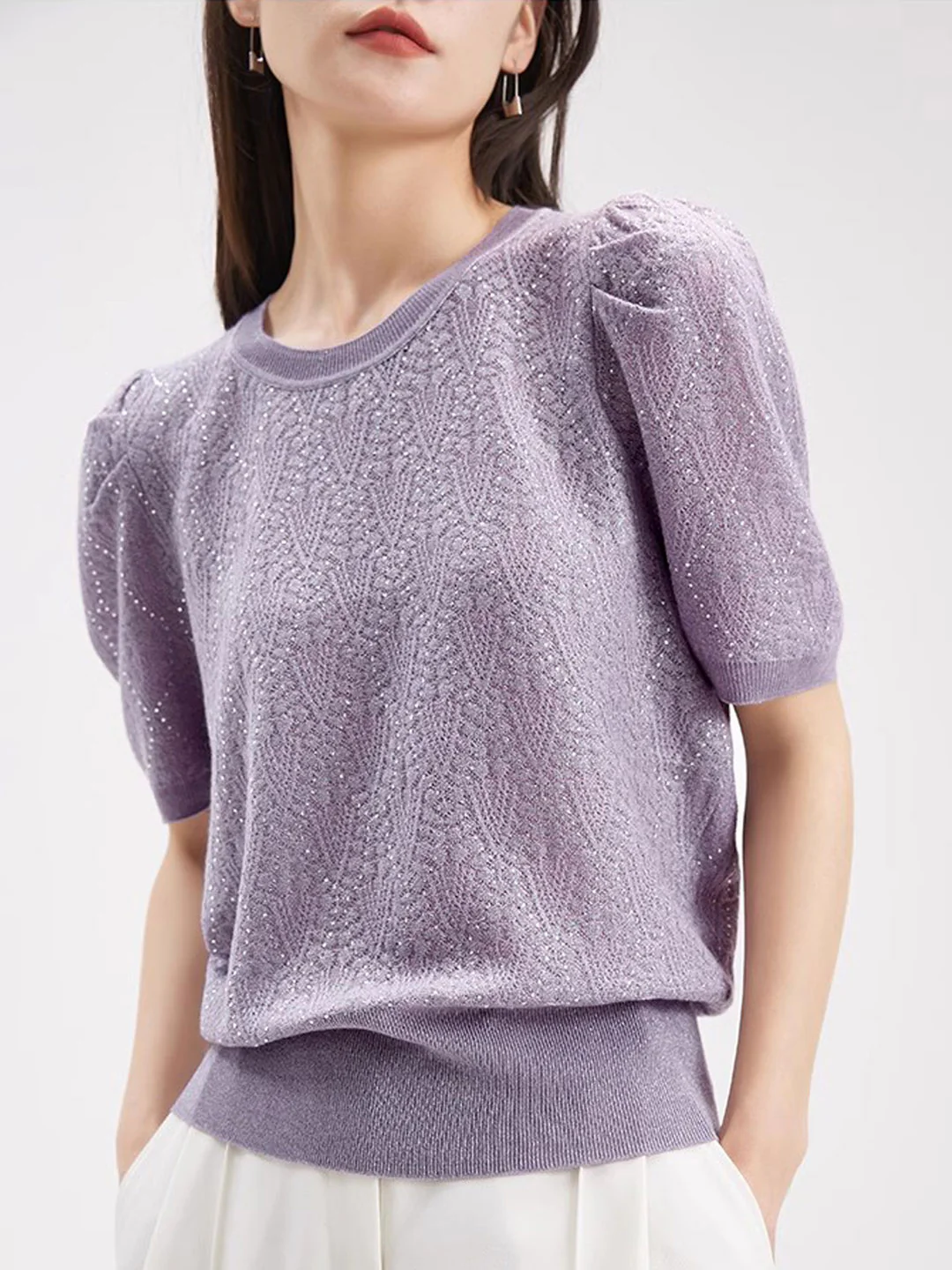 Elegant Round Neck Hollow Out Perm Knit Short Sleeve Shirt Top