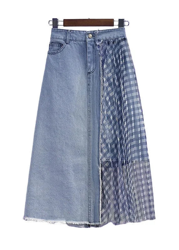 Vintage Blue Wrinkled Tulle Patchwork Denim Skirts Spring