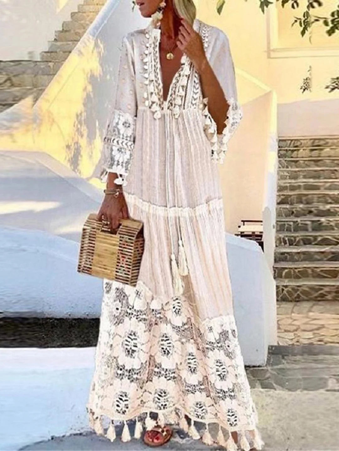 Loose Yellow Boho Deep V Neck Lace Fringe Maxi Dress