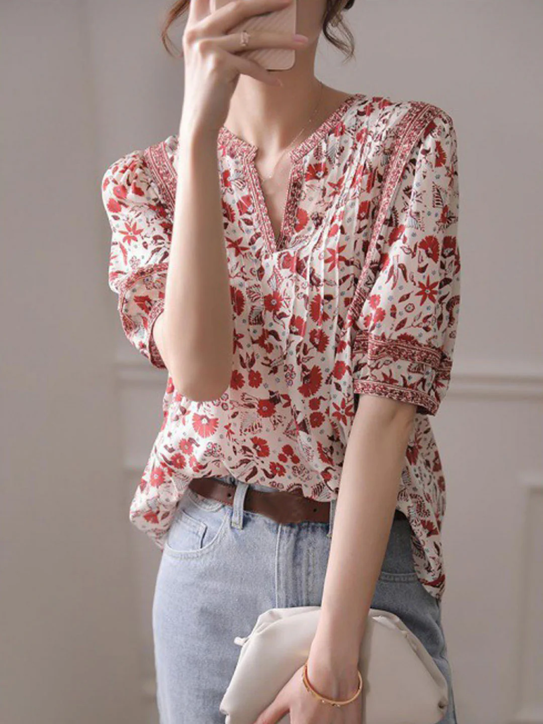 French Print Bubble Sleeve Blouse Top