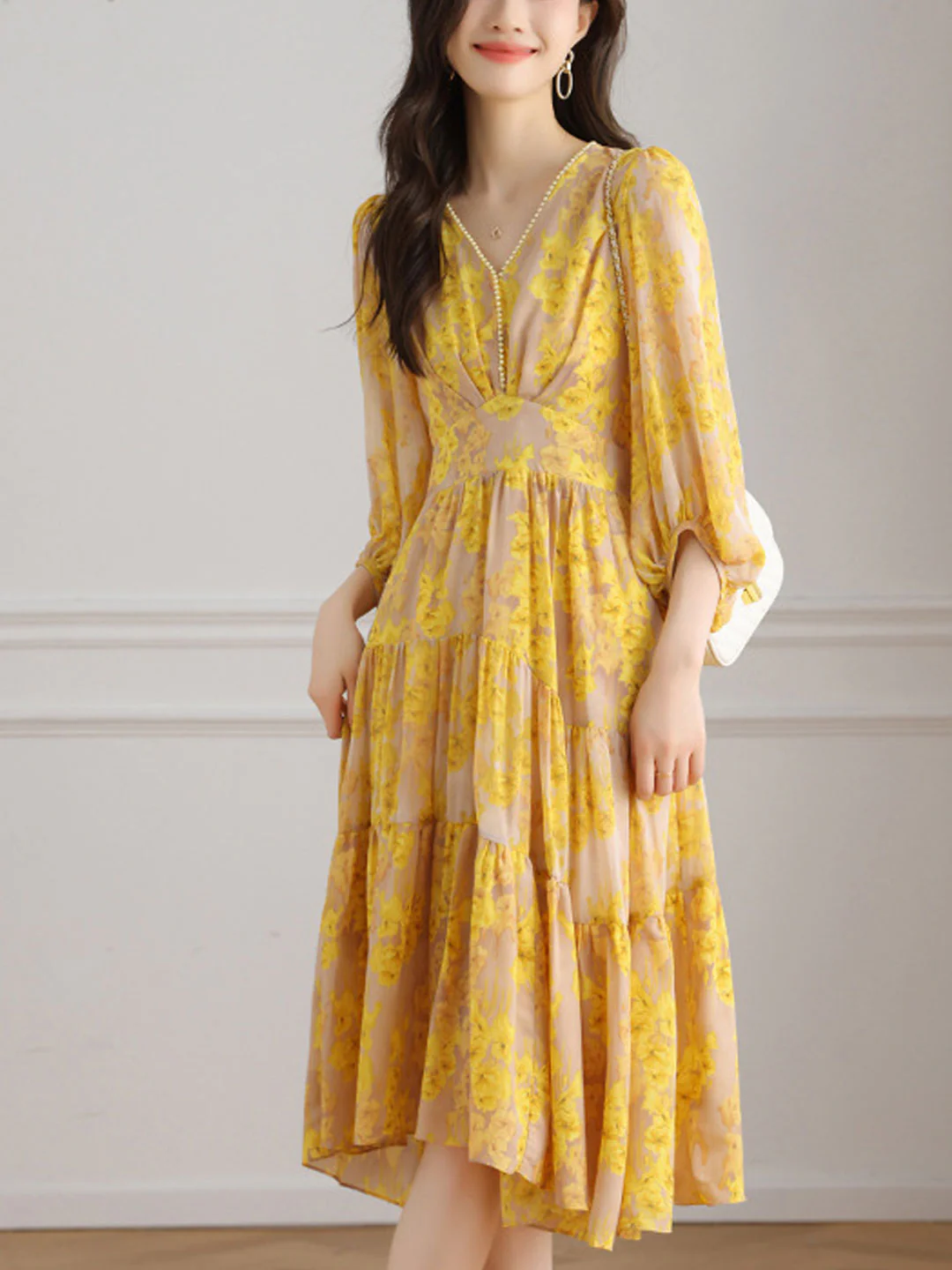 French V-Neck Lantern Sleeve Printed Long Dress