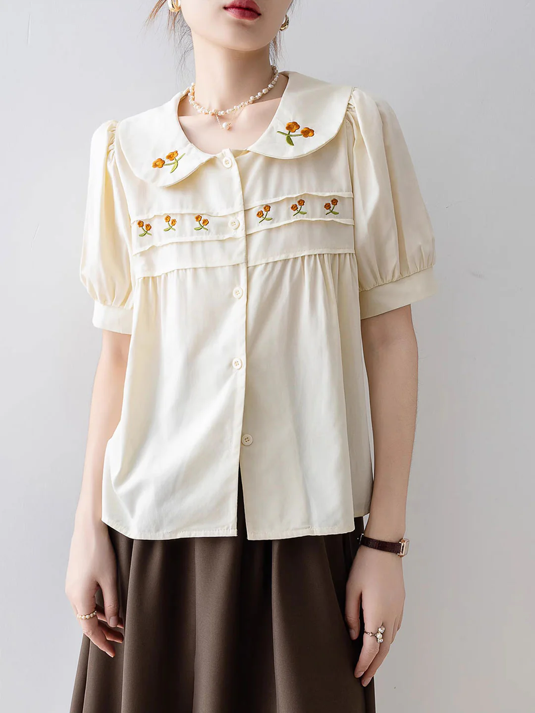 Casual Doll Neck Embroidered Cardigan Shirt Short Sleeve Top