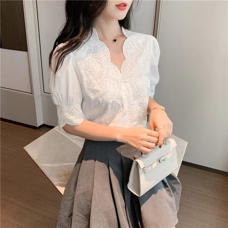 Vintage V-neck embroidered chiffon blouse