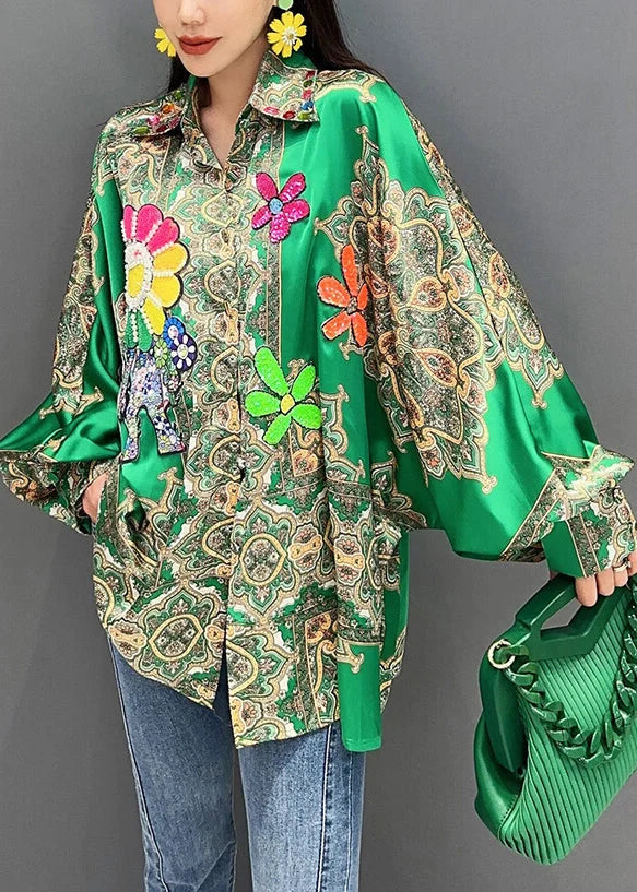 Chic Rose Nail Bead Print Patchwork Silk Shirt Batwing Sleeve