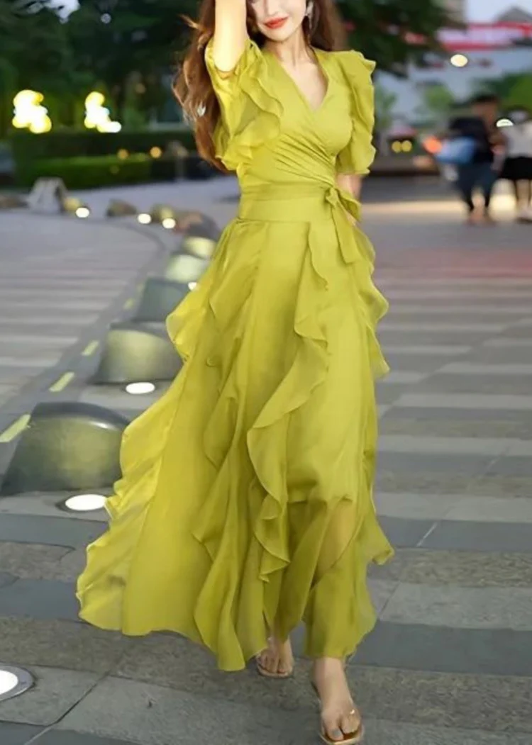 Elegant V-Neck Ruffled Chiffon Long Dress