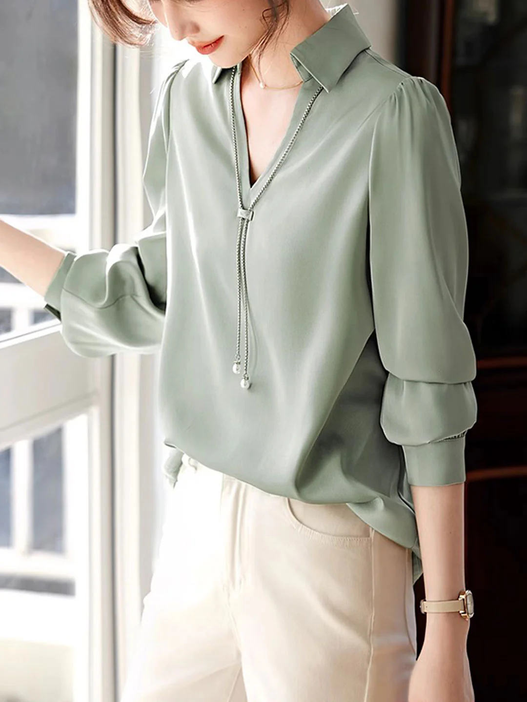 French V-Neck Lapel Satin Long Sleeve Shirt Top