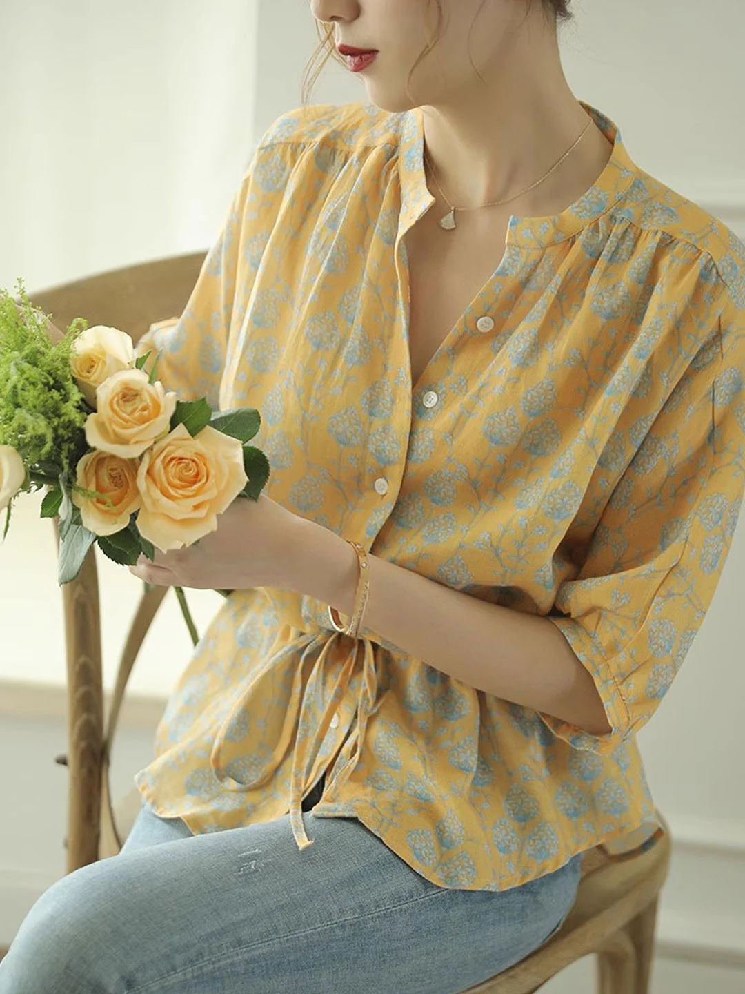 Elegant V-Neck Floral Print Cardigan Shirt Top