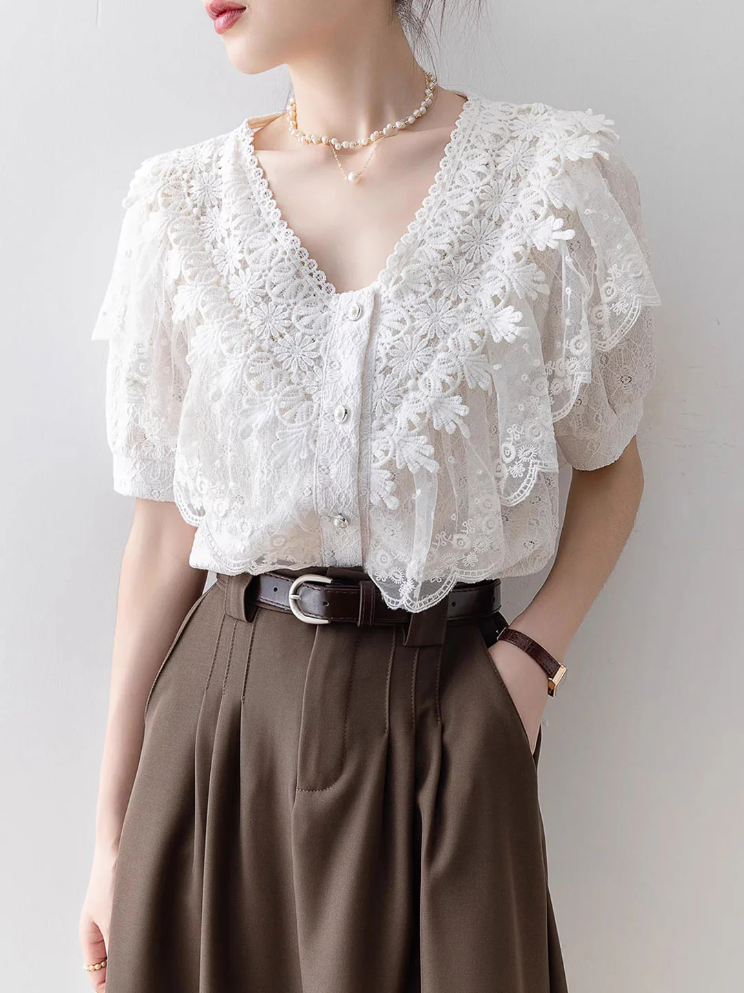 Elegant V-Neck Lace Patchwork Short Sleeve Blouse Top