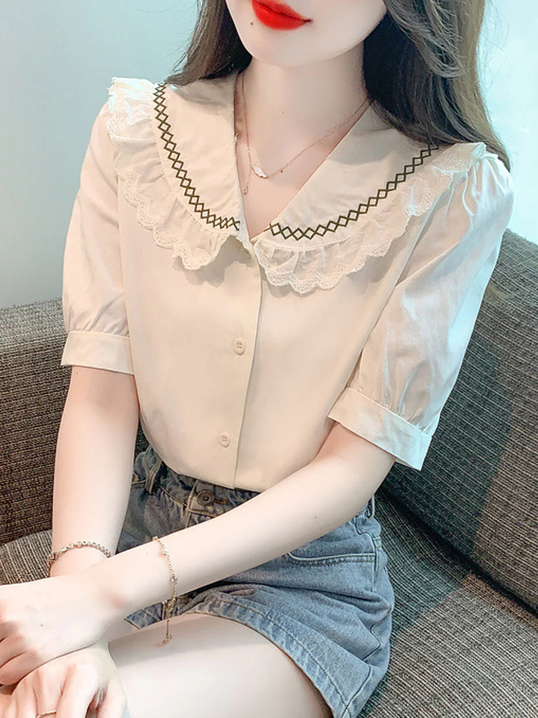 Vintage Lapel Neck Embroidered Lace Short Sleeve Blouse Top