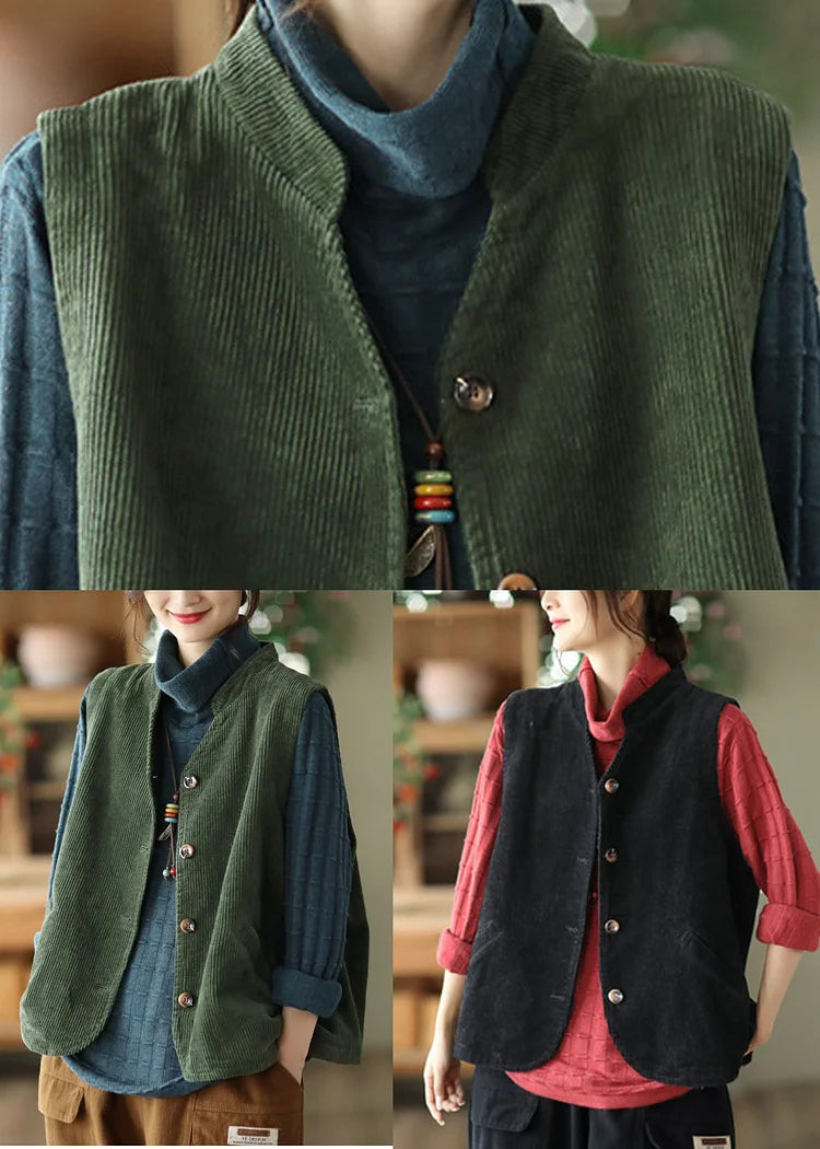 Boutique Green Stand Collar Solid Corduroy Vest Tops Spring