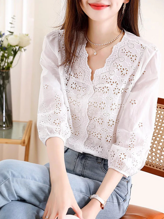 Elegant V-Neck Embroidered Hollow Out Lace Blouse Top