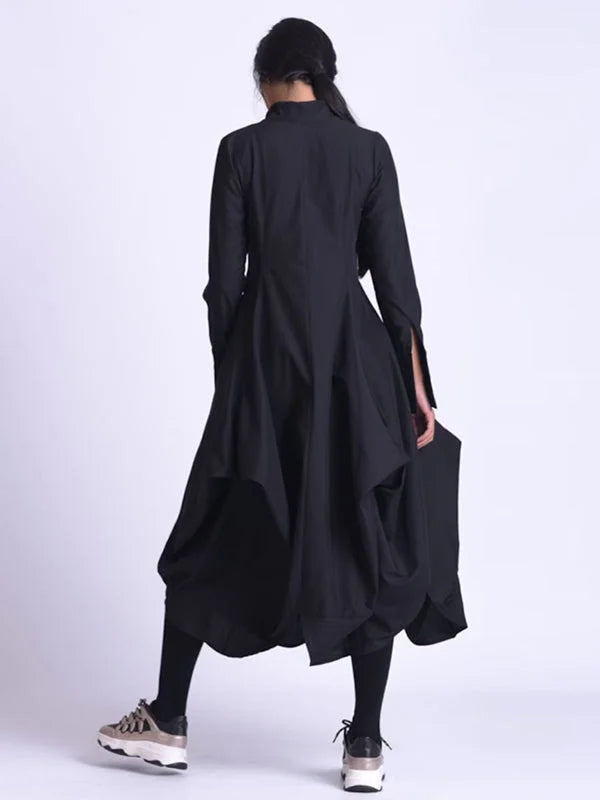 Original Loose Solid Color Pleated Stand Collar Long Sleeves Midi Dress