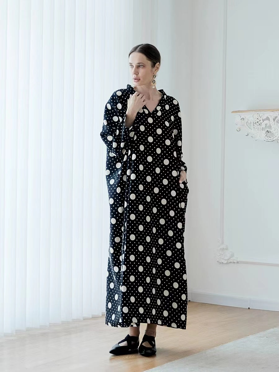 Elegant Plus Size Printed Polka Dot Black Long Sleeve Long Dresses