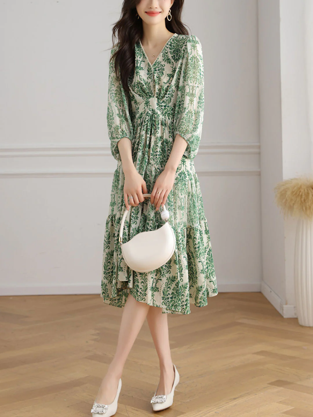 French V-Neck Lantern Sleeve Printed Long Dress