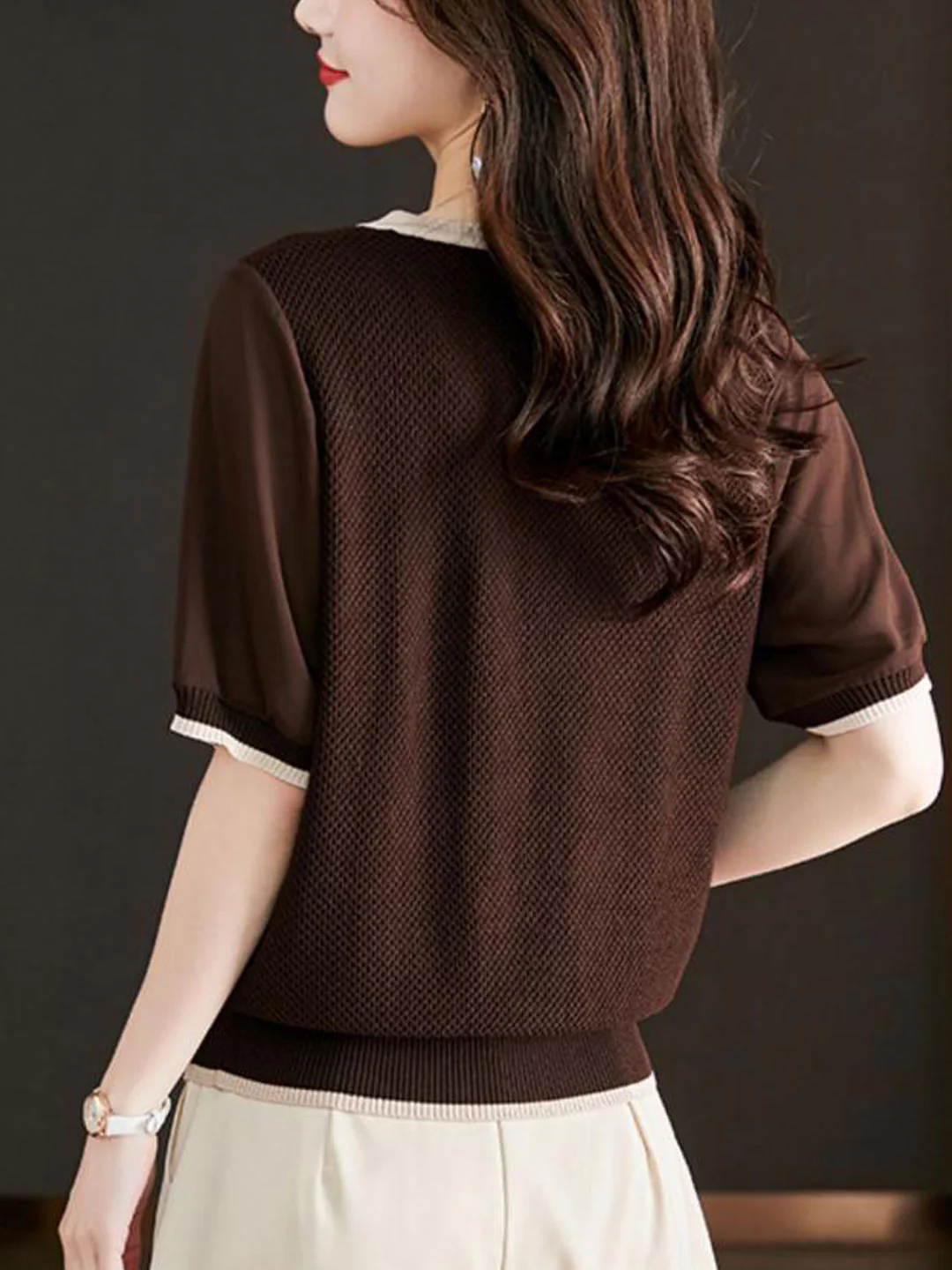 Elegant V-Neck Bow Knit Short Sleeve Blouse Top