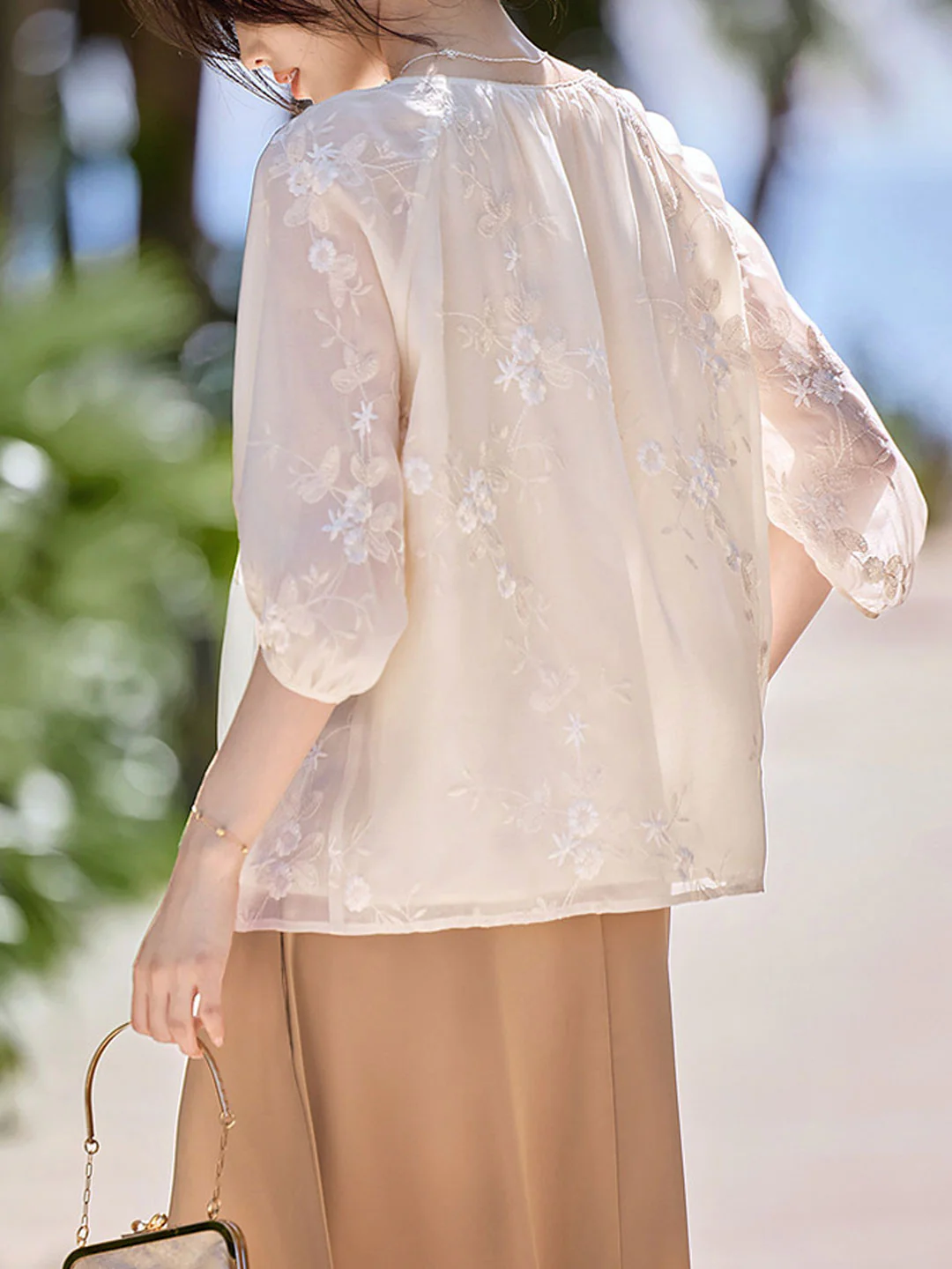 French V-Neck Embroidered Floral Tie Shirt Top with Short Sleeves