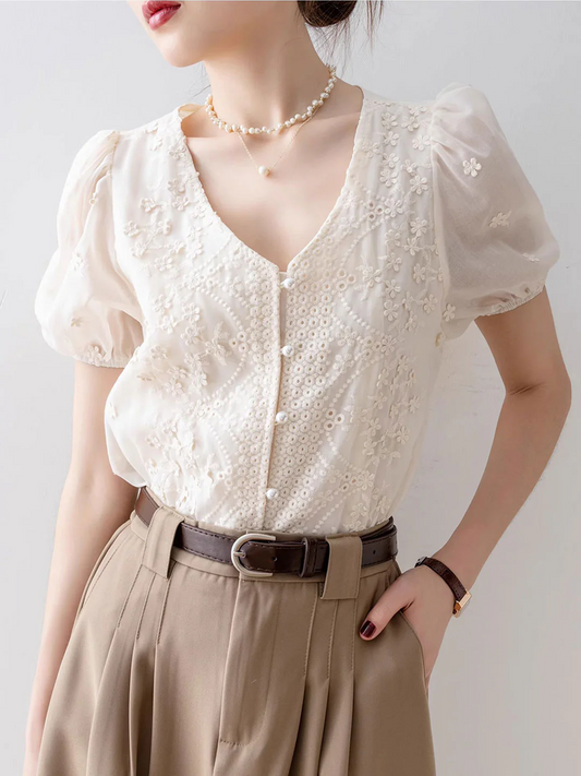 Elegant Collar Bubble Sleeve Lace Chiffon Blouse Top