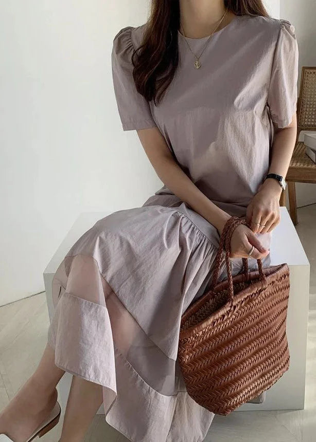 Fitted Light Purple O-Neck Patchwork Wrinkled Cotton Long Dresses Summer