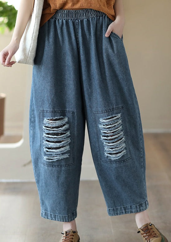 Hollow Elasticity Loose Denim Harem Pants