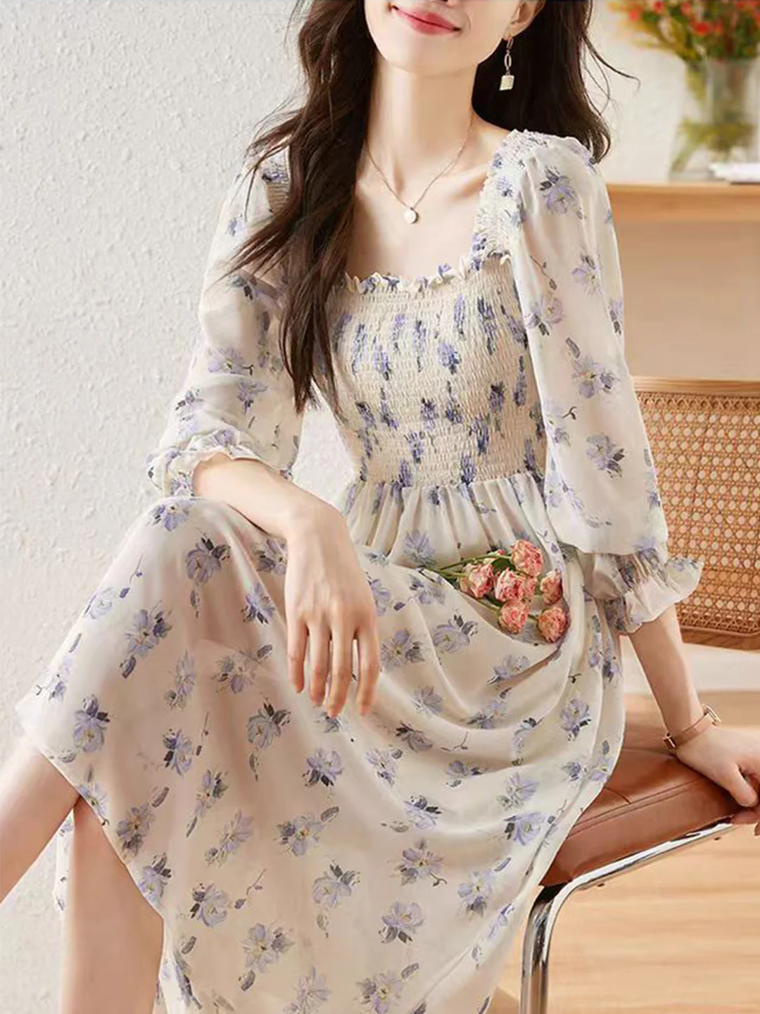 French Chiffon Printed Floral Long Sleeve Long Dresses