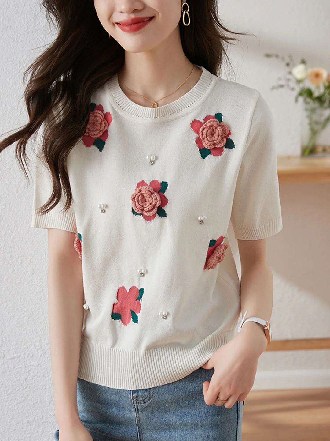 Elegant Round Neck Bubble Sleeve Floral Knit Short Sleeve Blouse Top