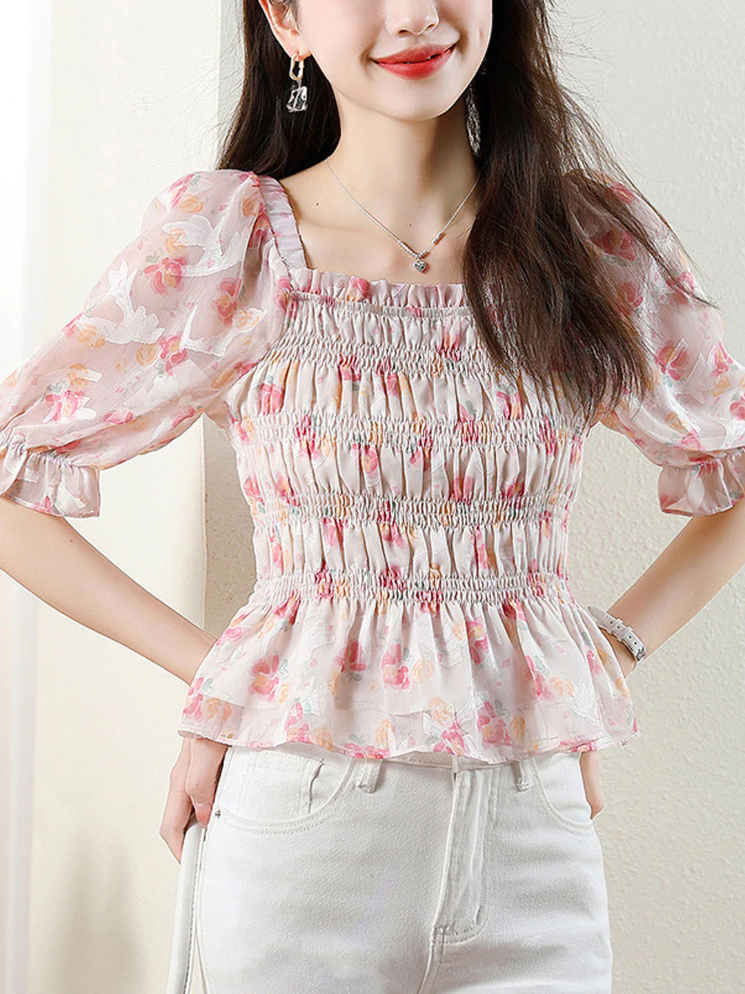 Elegant Square Neck Floral Print Short Sleeve Blouse Top