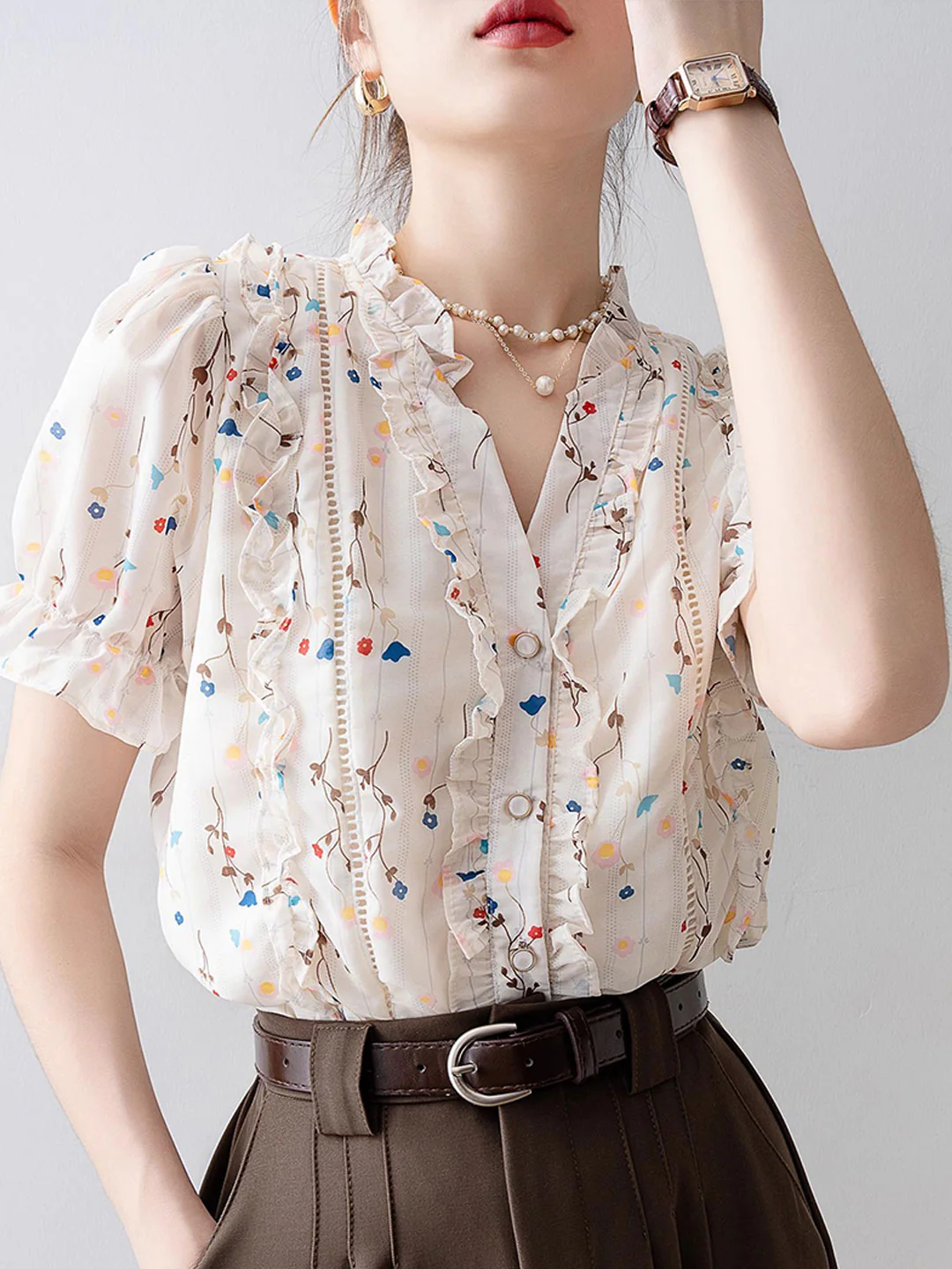 Elegant V-Neck Printed Chiffon Ruffle Short Sleeve Blouse Top