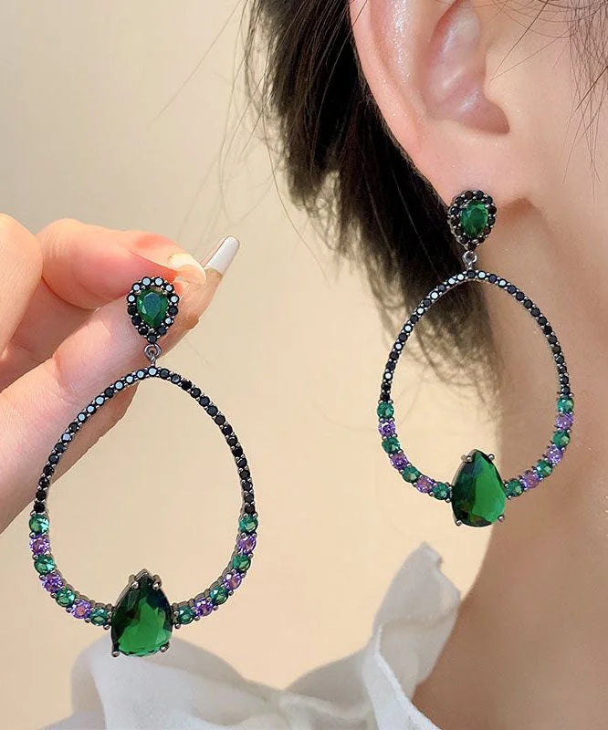 Oversize Green Sterling Silver Inlaid Zircon Water Drop Gem Stone Hoop Earrings