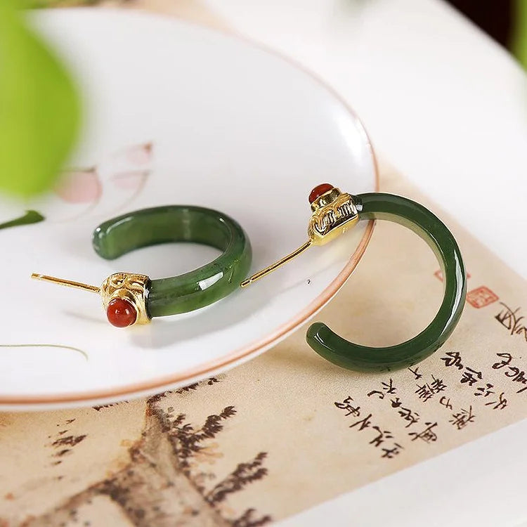 Women Retro Jade Inlaid Silver Earrings Studs