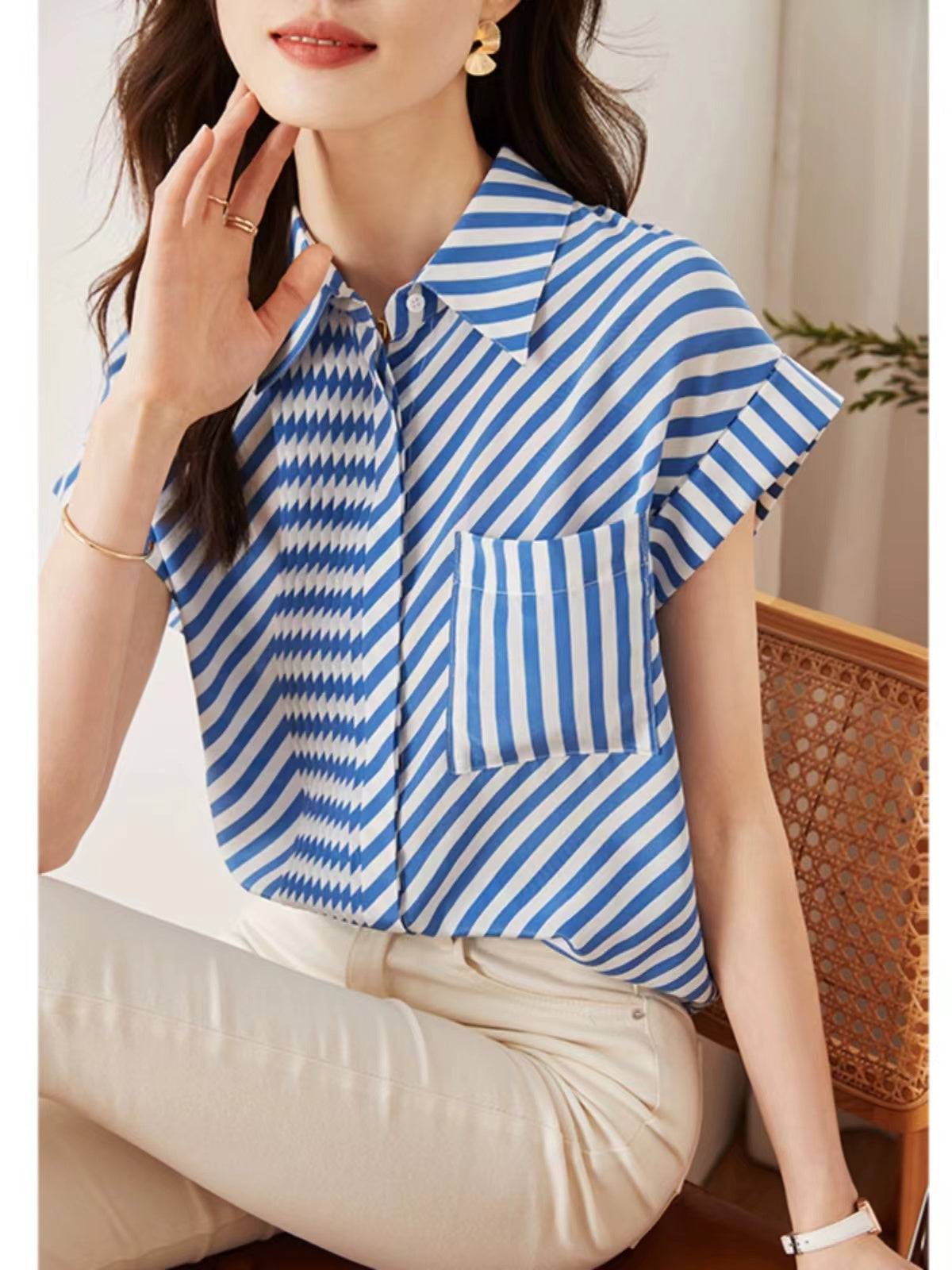 Loose Asymmetrical Color-Crossing Striped Shirt Top