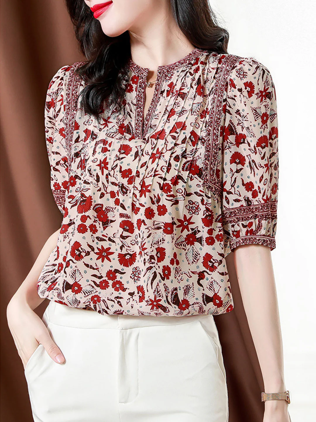 French Print Bubble Sleeve Blouse Top