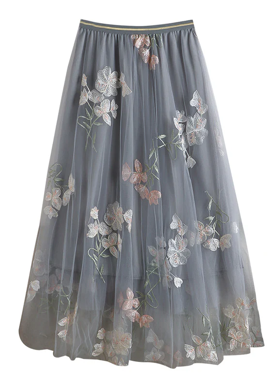 Elegant see-through embroidered elastic waist tulle skirt