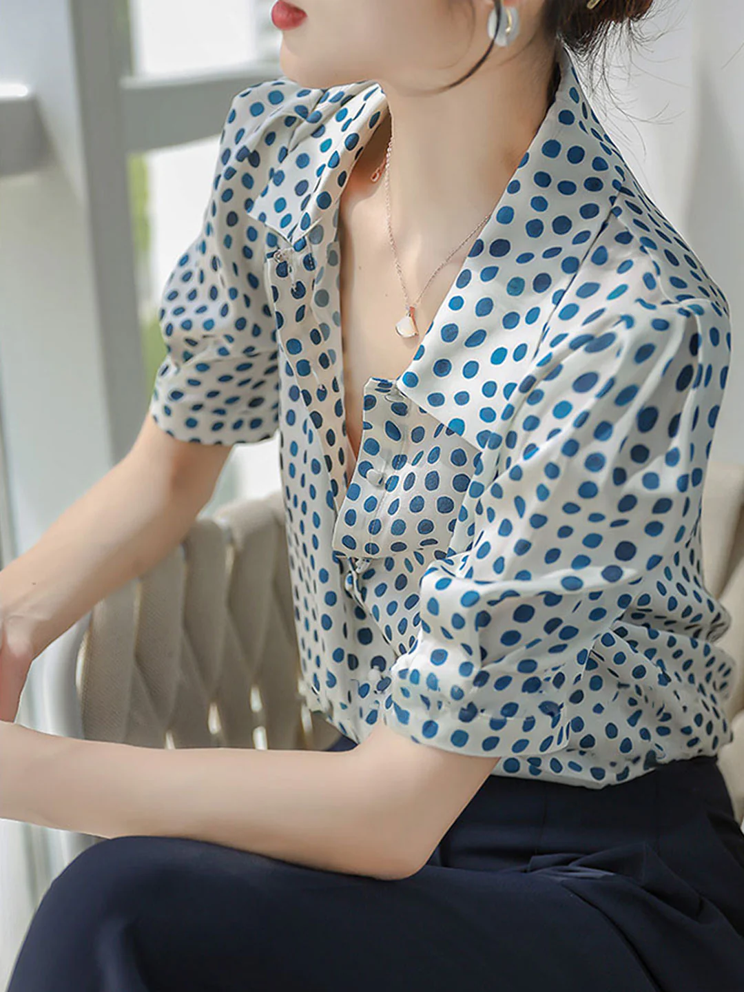 Polka Dot Printed Bubble Sleeve Blouse Top