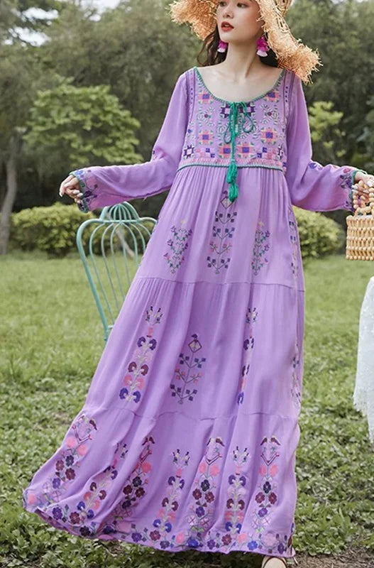 Bohemian Purple O-Neck Embroidered Floral Cotton Holiday Dresses