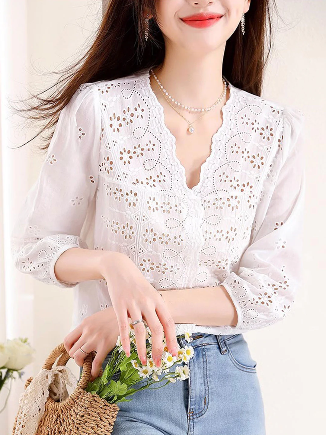 Elegant V-Neck Embroidered Hollow Out Lace Blouse Top