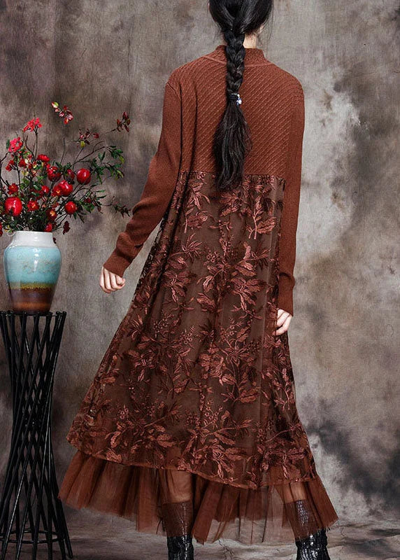 Coffee O-Neck Embroideried Patchwork Fall Long Knit Dress