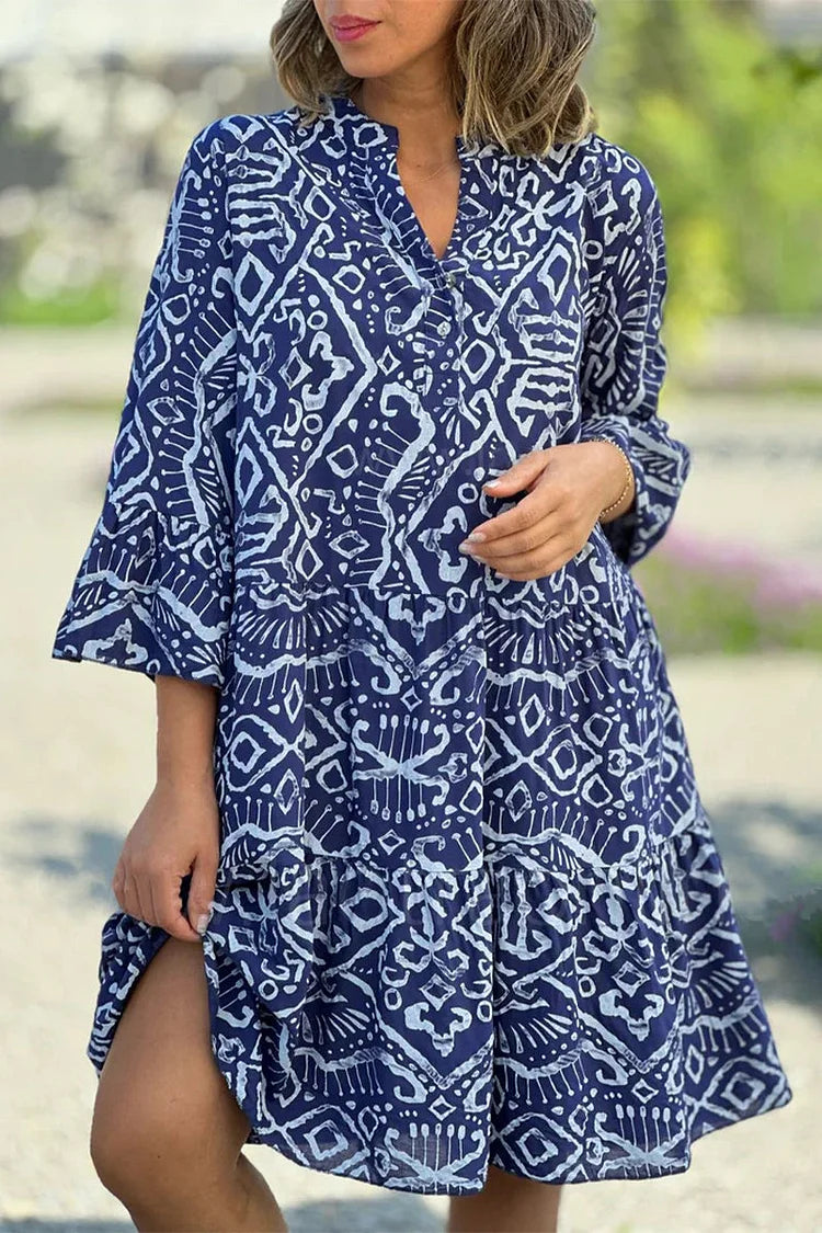 Casual Sweet Geometric Print Buttons V Neck Cake Dress