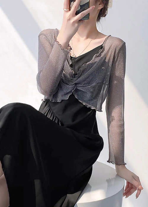 Elegant V-Neck Ruched Tulle Long Sleeve Top