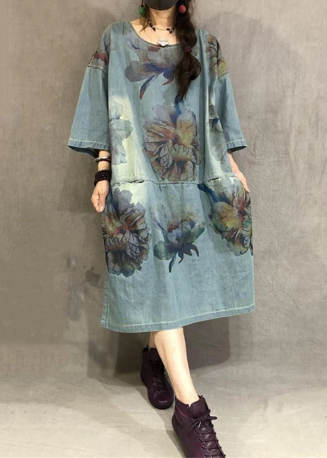 O Neck Printed Side Split Denim Short Sleeve Dress