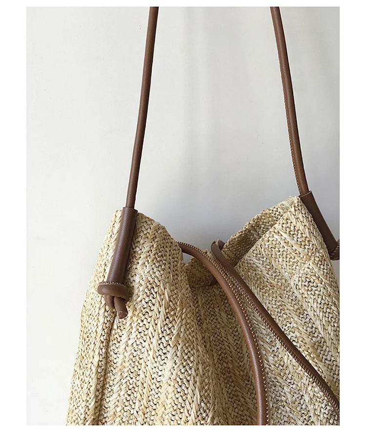 Handbags Straw Woven Tote Bag with Leather Accent