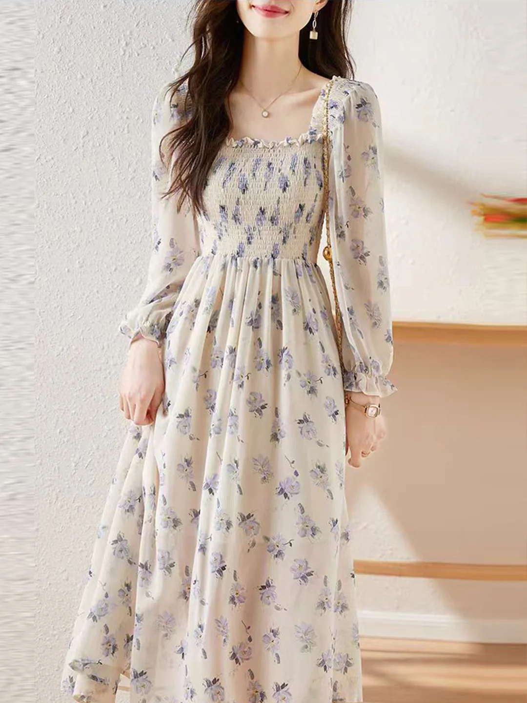 French Chiffon Printed Floral Long Sleeve Long Dresses