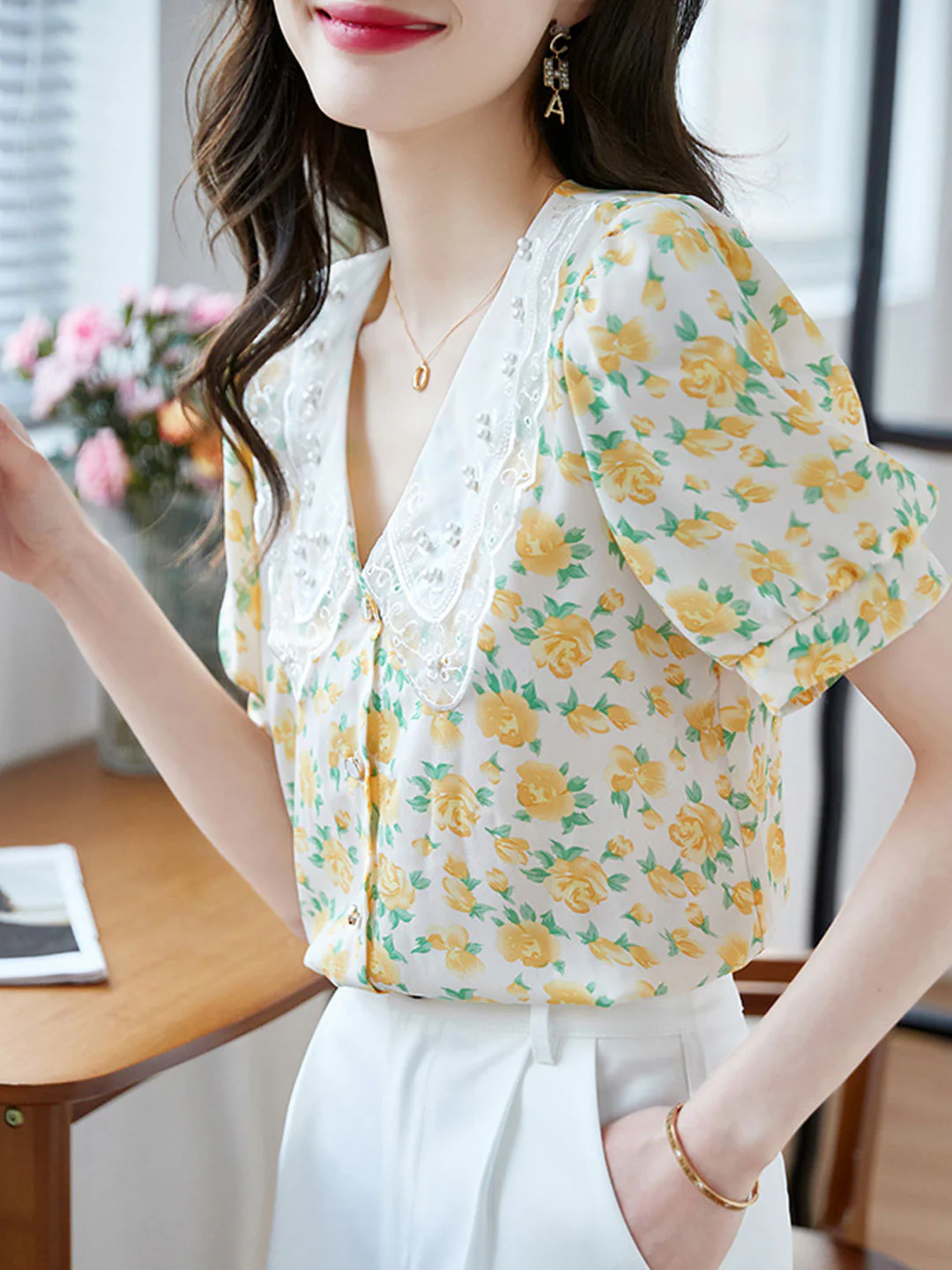 Elegant Floral Print Beaded Chiffon Short Sleeve Blouse Top