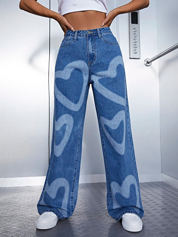 Wide Leg Heart Shape Printed Denim Pants