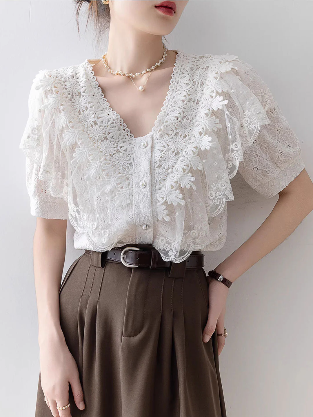 Elegant V-Neck Lace Patchwork Short Sleeve Blouse Top