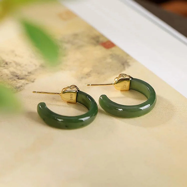 Women Retro Jade Inlaid Silver Earrings Studs