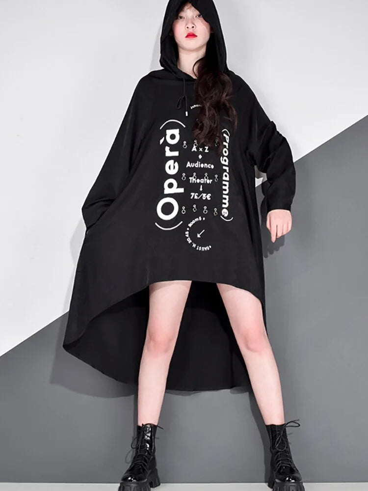 Chic Loose Hooded Letter Printed Splicing Sequined Long Sleeve Short Front Long Back Dress