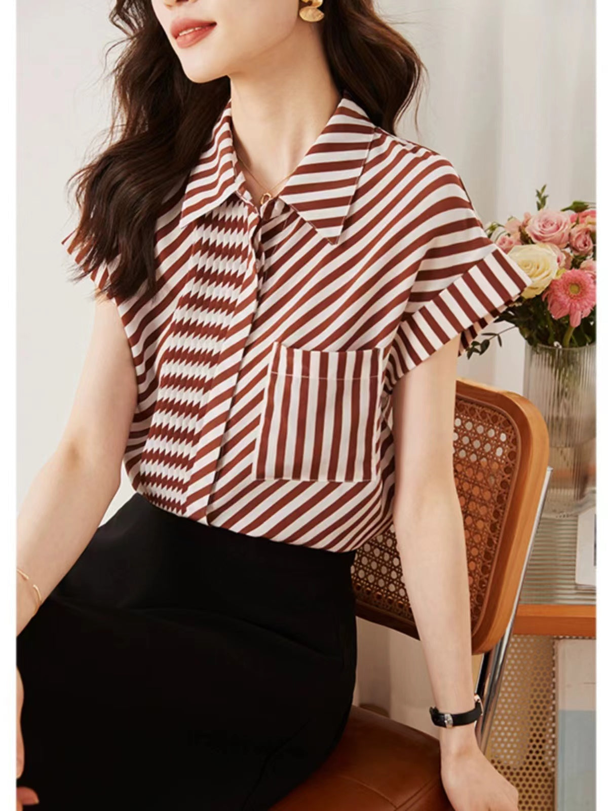 Loose Asymmetrical Color-Crossing Striped Shirt Top