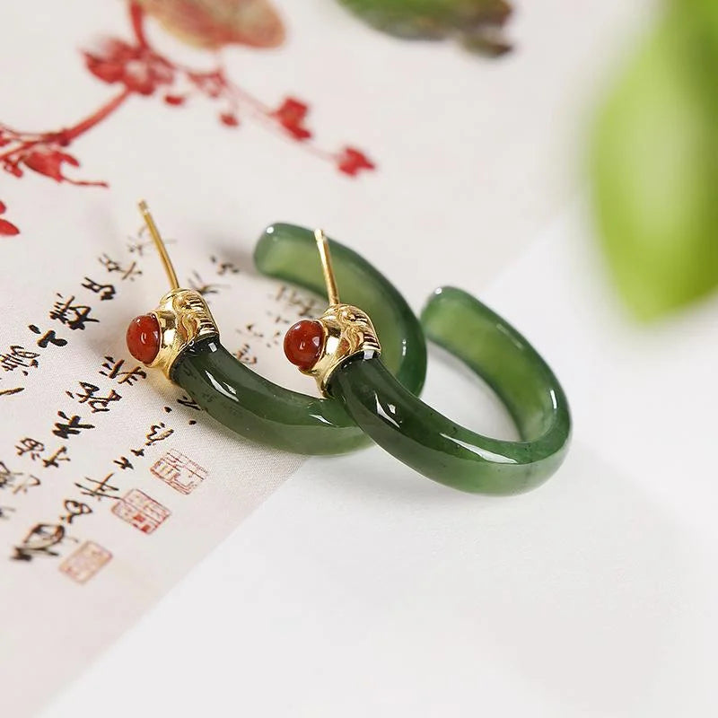 Women Retro Jade Inlaid Silver Earrings Studs