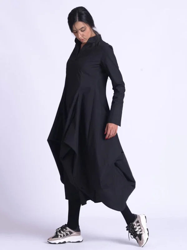 Original Loose Solid Color Pleated Stand Collar Long Sleeves Midi Dress