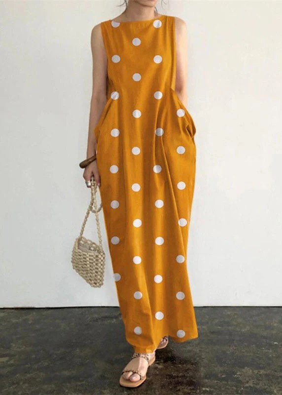 Colorblocked Polka Dot Print Pocket Long Sleeveless Dress